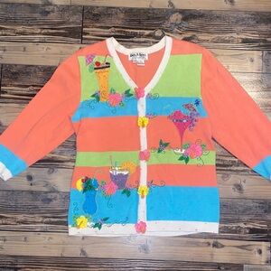 Vintage Unique Colorful Striped Cardigan with Drink Designs